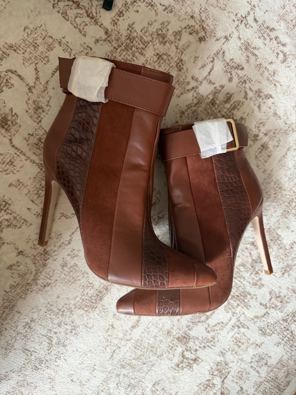 Shoe Dazzle Brown Mixed-Material High Heel Ankle Booties
